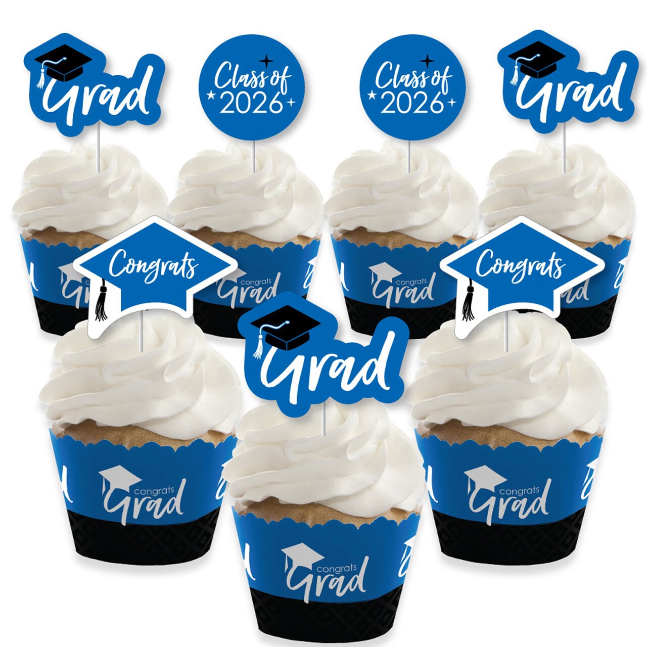 Big Dot of Happiness 2026 Blue Graduation Cupcake Decoration - Party Cupcake Wrappers and Treat Picks Kit - Set of 24
